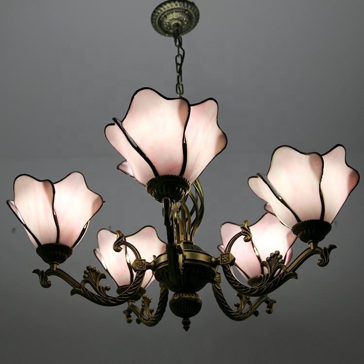 LongHuiJing 6 BulbsPendant Light Tiffany Stained Glass Chandelier Petal Lampshade(Pink) With Iron Hanging Fixtures