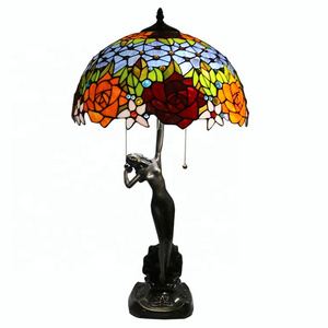 LongHuiJing Tiffany Style Table Lamp Rose Pattern Art Pretty For-default Pastoral Woman Suitable Mediterranean Room Glass Base