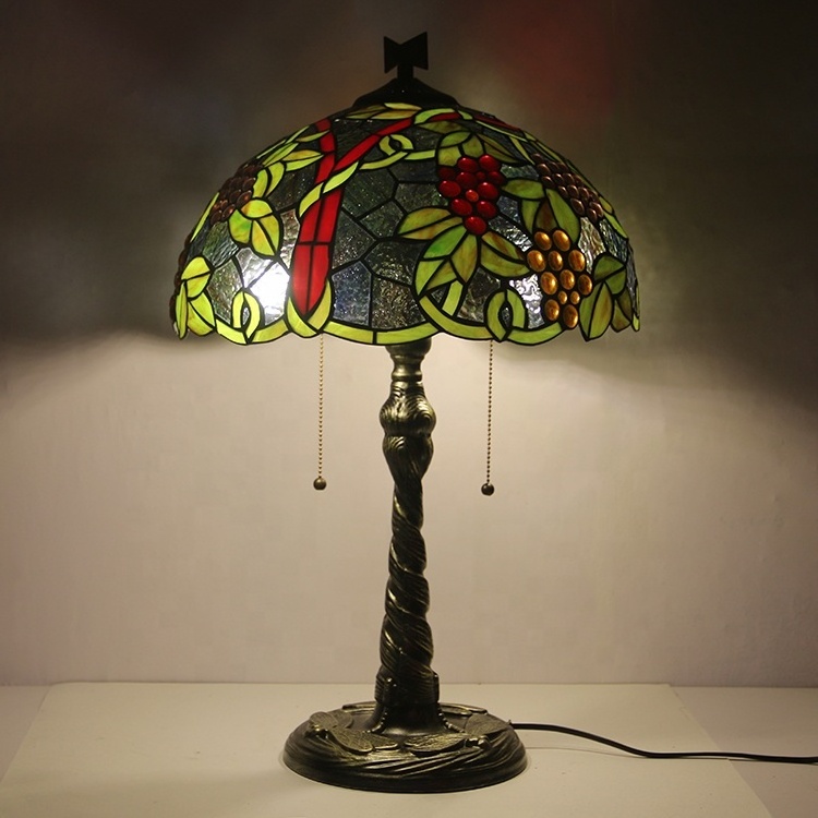 LongHuiJing 16 Inch European Retro Style Tiffany Table Lamp Colorful Grape Pattern Glass Shade With Twisted Fly Mosaic Base