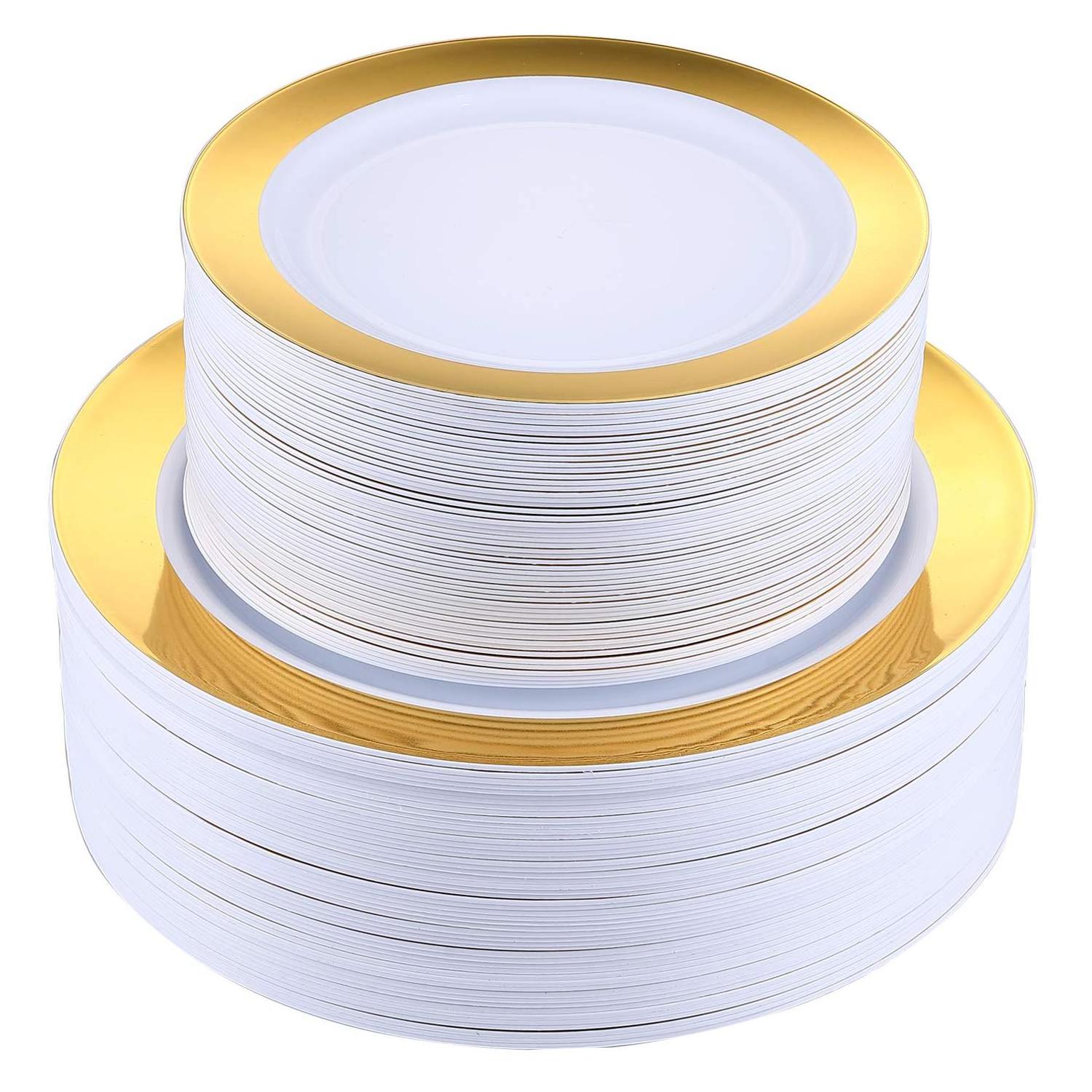 Gold Rim Heavy Weight Disposable Wedding Party Plastic Plates Dinnerware