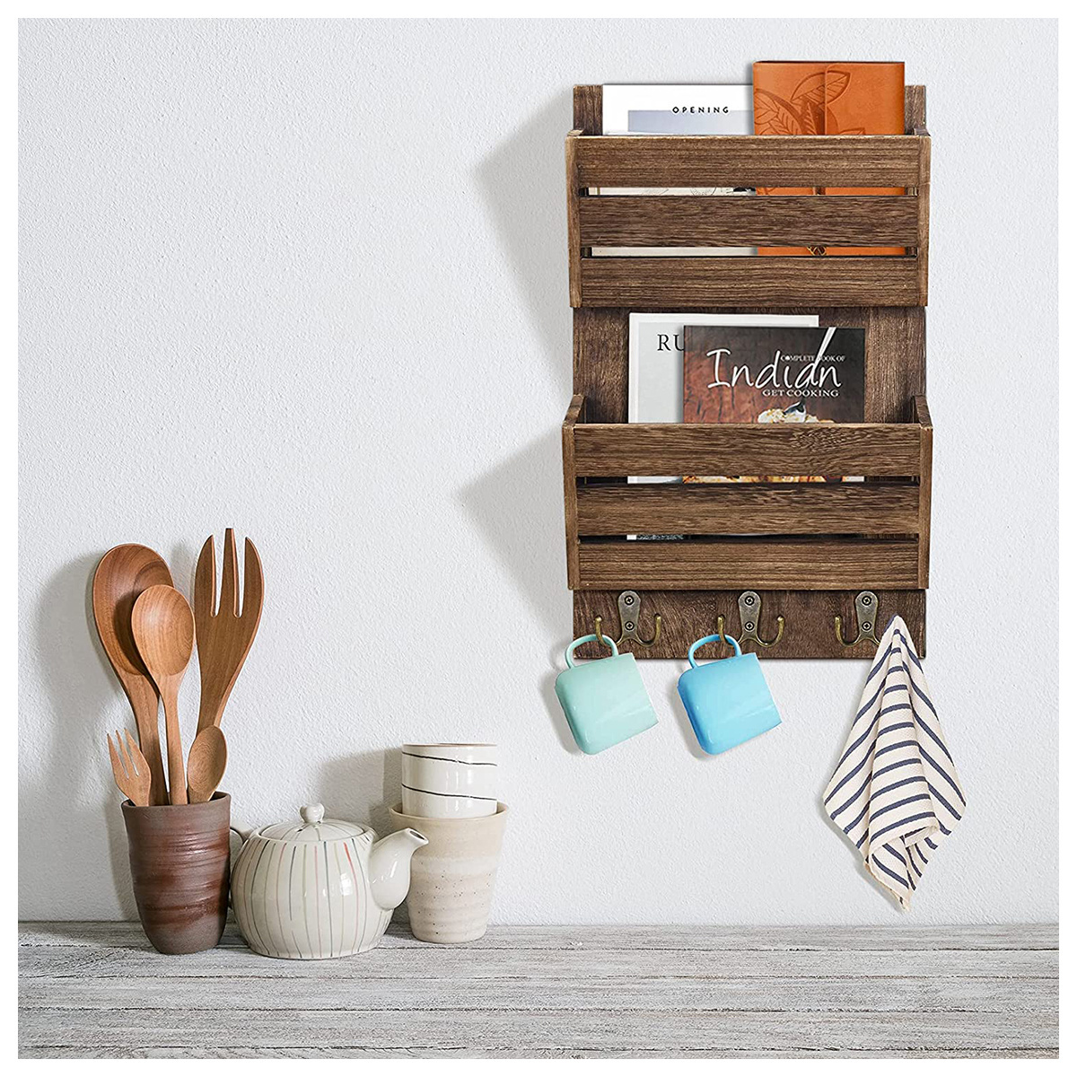 wholesale Wood Hanging Shelves For Wall Wooden Wall Mounted Organizer Shelves With 3 Hooks Wall Hanging Shelves for Home Utility