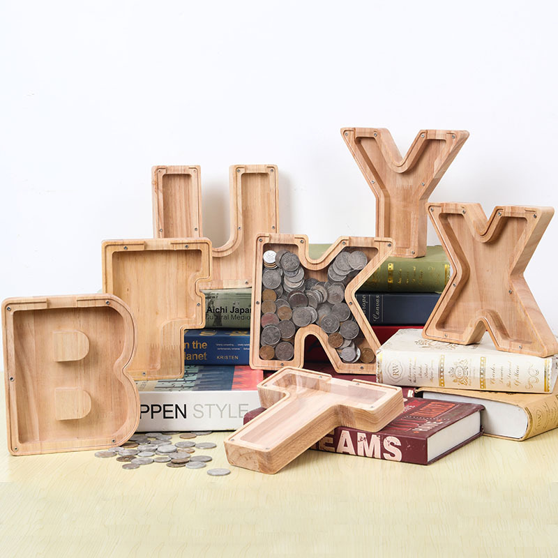 wholesale wood Piggy Bank Alphabet acrylic Letter Money Box wooden large letter piggy banks for kids