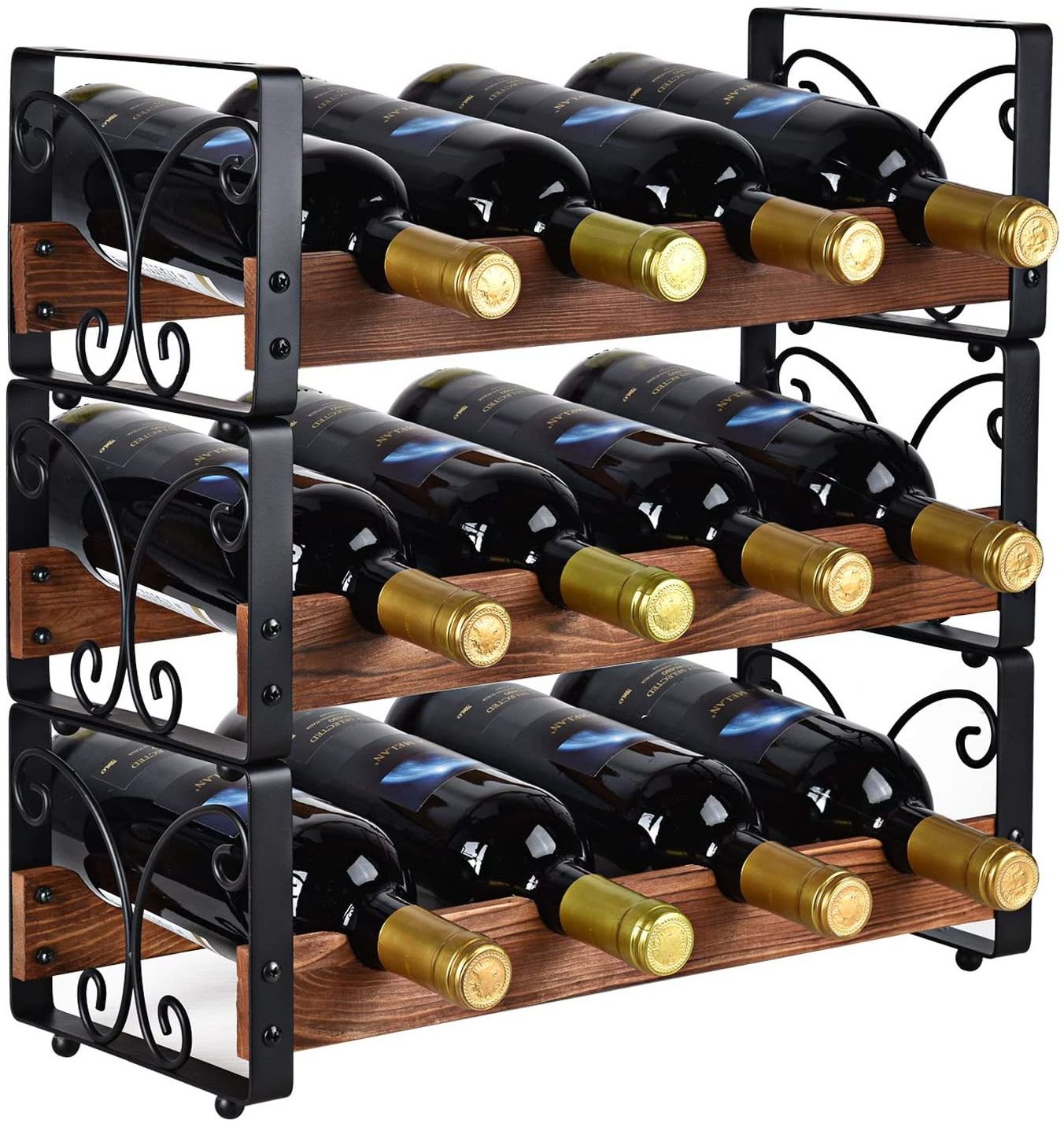 Countertop Liquor Storage Solid Wood+Iron Stackable Wine Rack Freestanding 12 Bottles Organizer Holder Stand 3 Tier Wine Rack