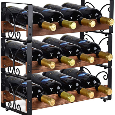 Countertop Liquor Storage Solid Wood+Iron Stackable Wine Rack Freestanding 12 Bottles Organizer Holder Stand 3 Tier Wine Rack