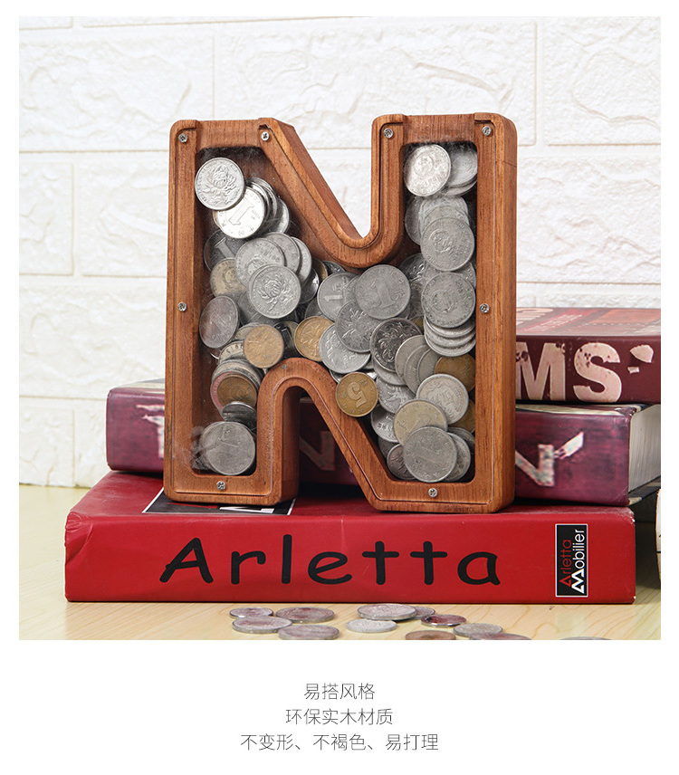 Charcoal color large Wooden lletter Piggy Bank Alphabet coin money boxes dragon wooden money boxes letter piggy bank for adults