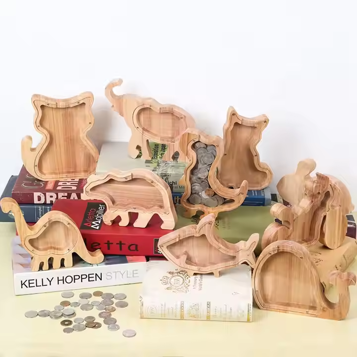 Wholesale wood piggy bank money boxes dragon dinosaur piggy bank wooden animal piggy bank for kids