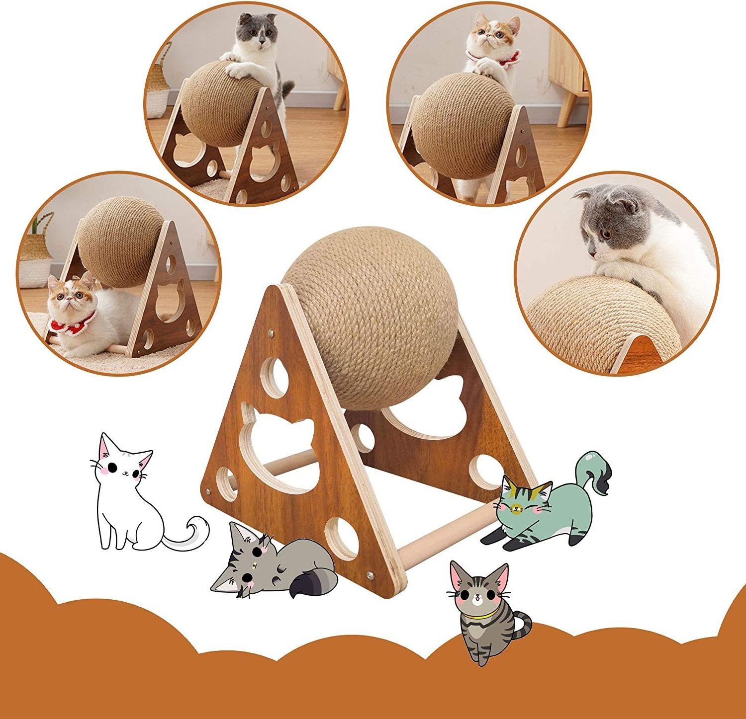 indoor Keep Cats Fit Scratching Ball wooden Cat Scratcher Toy With cat claw column base