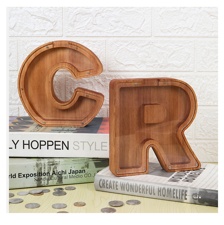 Charcoal color large Wooden lletter Piggy Bank Alphabet coin money boxes dragon wooden money boxes letter piggy bank for adults