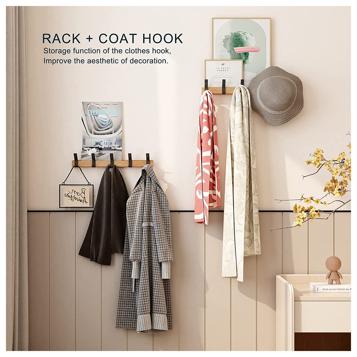 Modern Style Wooden Coat Rrack with 5 Sliding Metal Hooks Wall Mounted Coat Rack for Entryway Mudroom Bedroom