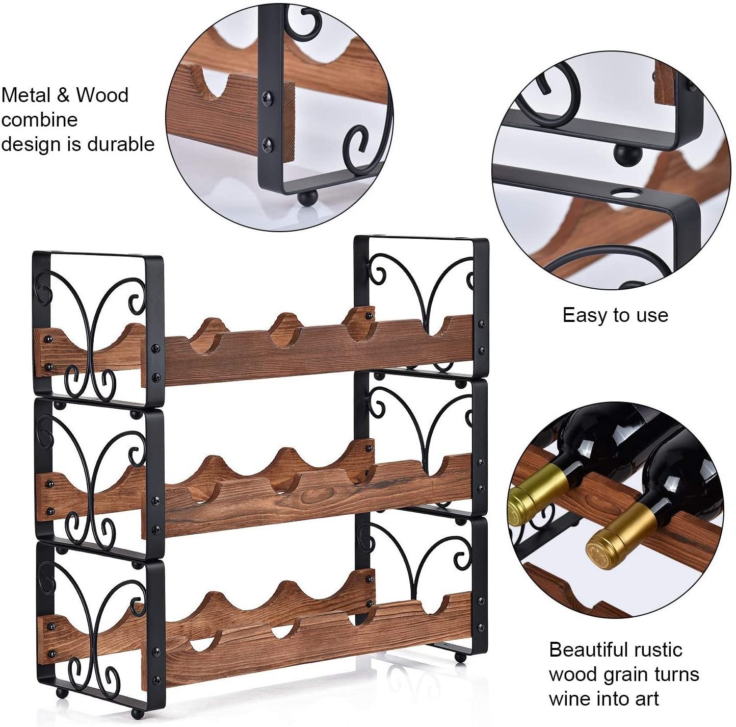 Countertop Liquor Storage Solid Wood+Iron Stackable Wine Rack Freestanding 12 Bottles Organizer Holder Stand 3 Tier Wine Rack