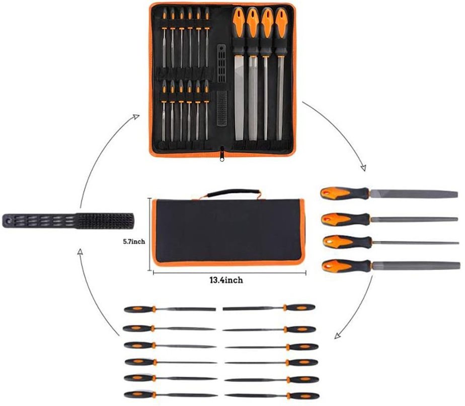 17Pcs File Tool Set with Carry Case,Premium Grade T12 Drop Forged Alloy Steel, 4 Large File and 12pcs Needle Files/1 Brush