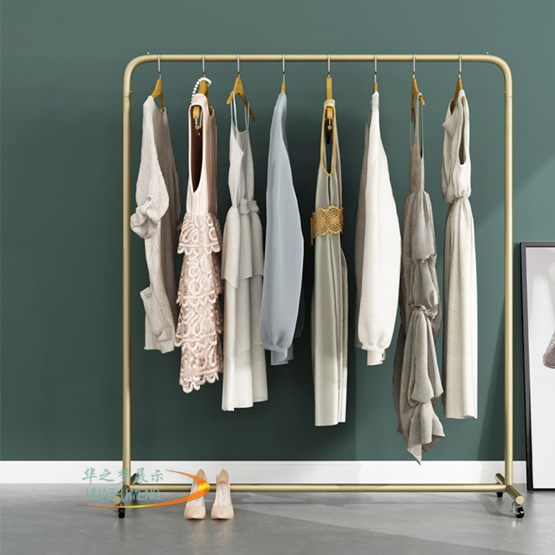 Morden floor standing clothing display rack single rail boutique clothes racks women clothing display hanger with wheels