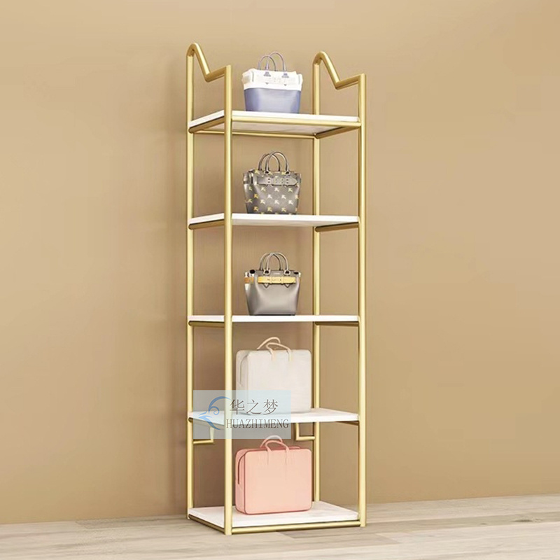 Free standing gold heels shoe display case racks wooden handbag displays table stand for shoes bags store