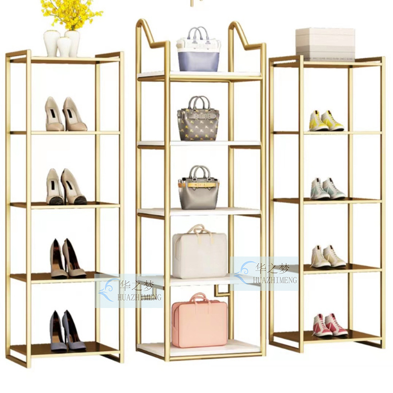 Free standing gold heels shoe display case racks wooden handbag displays table stand for shoes bags store