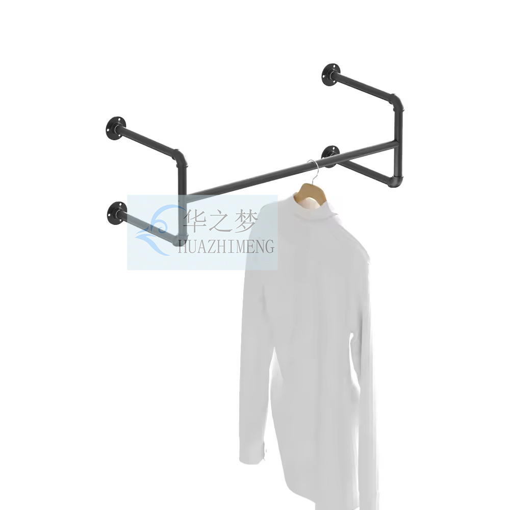 Wall Mounted Heavy Duty Garment Clothing Rack Display Industrial Pipe Black Simple Clothes Stand Hanging Rod For Closet