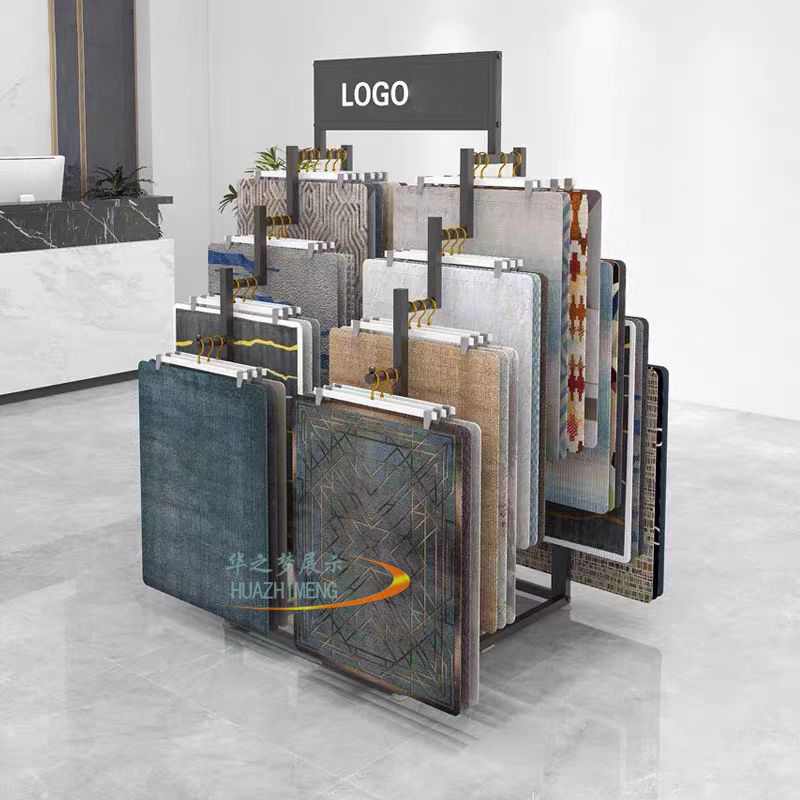 Custom carpet display stand hanging rug rack carpets sample display rack for shops