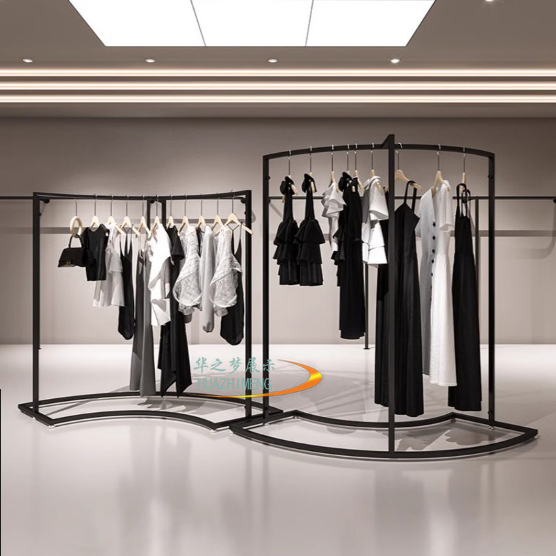 Curve shape black women's clothing display rack clothes store shelf trade show clothing display stand