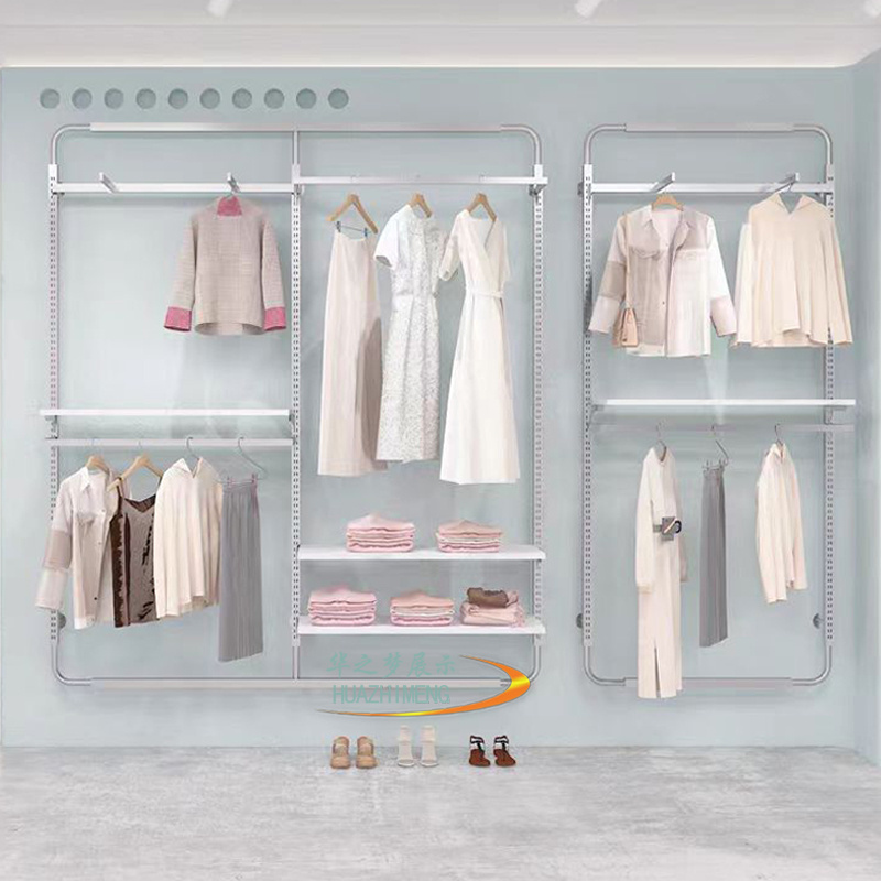 Customised luxury clothes boutique garment clothing display racks back wall mounted cloth display stand for shop