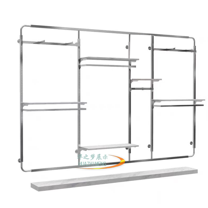 Customised luxury clothes boutique garment clothing display racks back wall mounted cloth display stand for shop