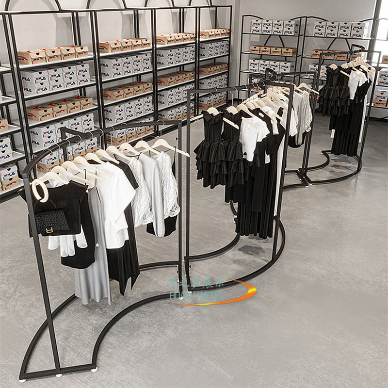 Curve shape black women's clothing display rack clothes store shelf trade show clothing display stand