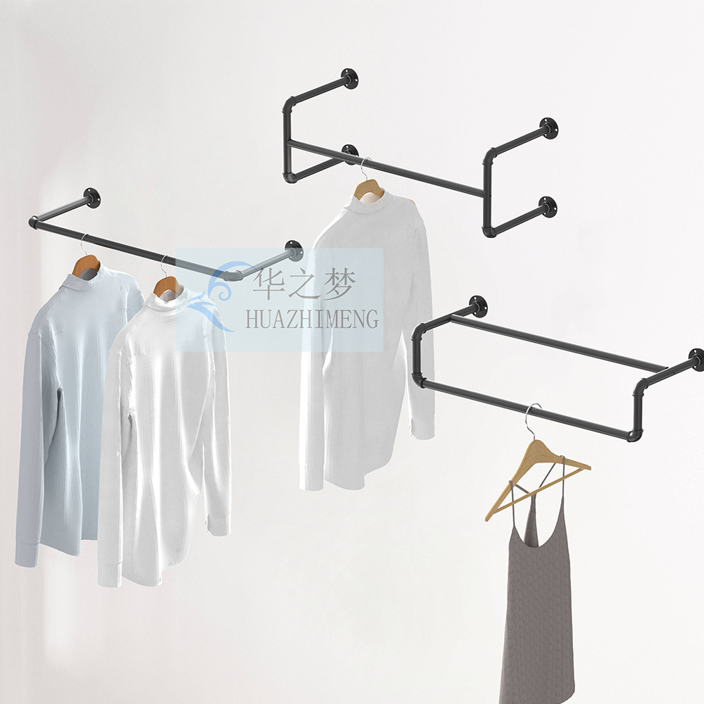 Wall Mounted Heavy Duty Garment Clothing Rack Display Industrial Pipe Black Simple Clothes Stand Hanging Rod For Closet