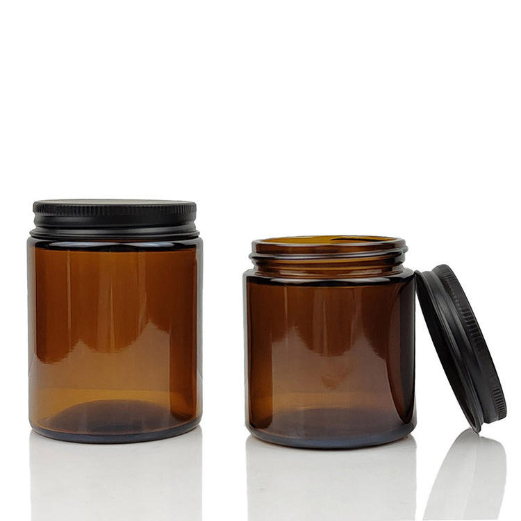 Empty 2 oz 80ml 100 ml 4oz Round Bottom Black Plastic aluminum Cup Lid Amber Glass Candle Jar Cosmetic Glass Jar