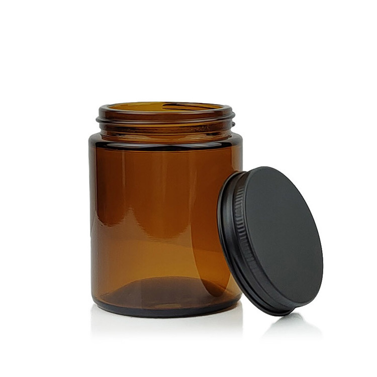 Empty 2 oz 80ml 100 ml 4oz Round Bottom Black Plastic aluminum Cup Lid Amber Glass Candle Jar Cosmetic Glass Jar