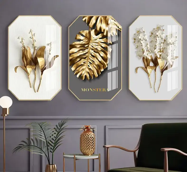 Abstract Golden Leaf 3 Piece Crystal Porcelain Painting Poster Painting Decorative Picture Nordic Style Living Room Decor