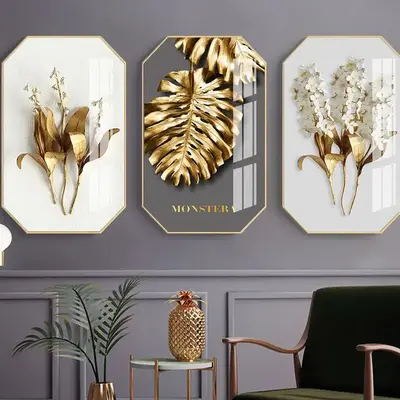 Abstract Golden Leaf 3 Piece Crystal Porcelain Painting Poster Painting Decorative Picture Nordic Style Living Room Decor