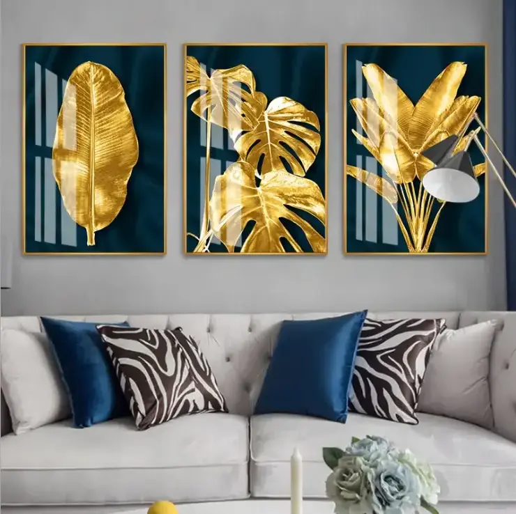 Abstract Golden Leaf 3 Piece Crystal Porcelain Painting Poster Painting Decorative Picture Nordic Style Living Room Decor