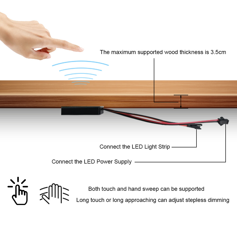 12V Smart LED Dimmer Switch Hand Touch Sweep Switch for Cabinet Wardrobe Wooden Board Inductive Touch Sensor inside Contact