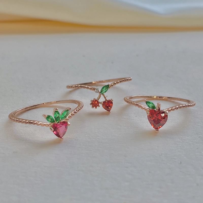 Cute Girl Gold Plated Brass Zircon Apple Grape Strawberry Cherry Fruit Rings For Women