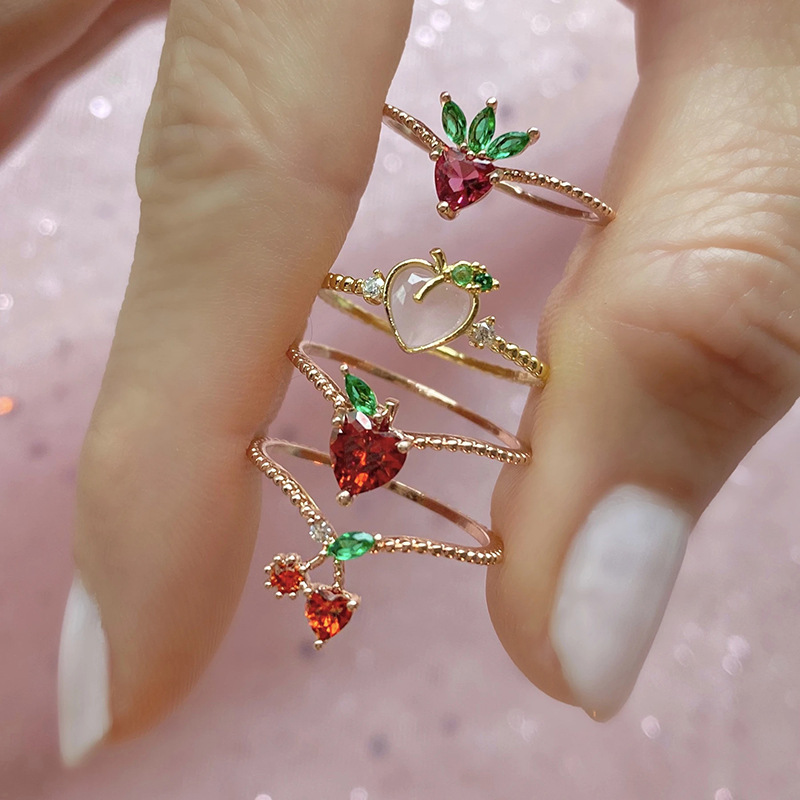 Cute Girl Gold Plated Brass Zircon Apple Grape Strawberry Cherry Fruit Rings For Women