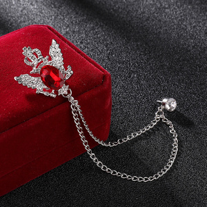 Mens Crown Brooches Retro Safety Lapel Pin With Chain Rhinestone Tassel Brooch