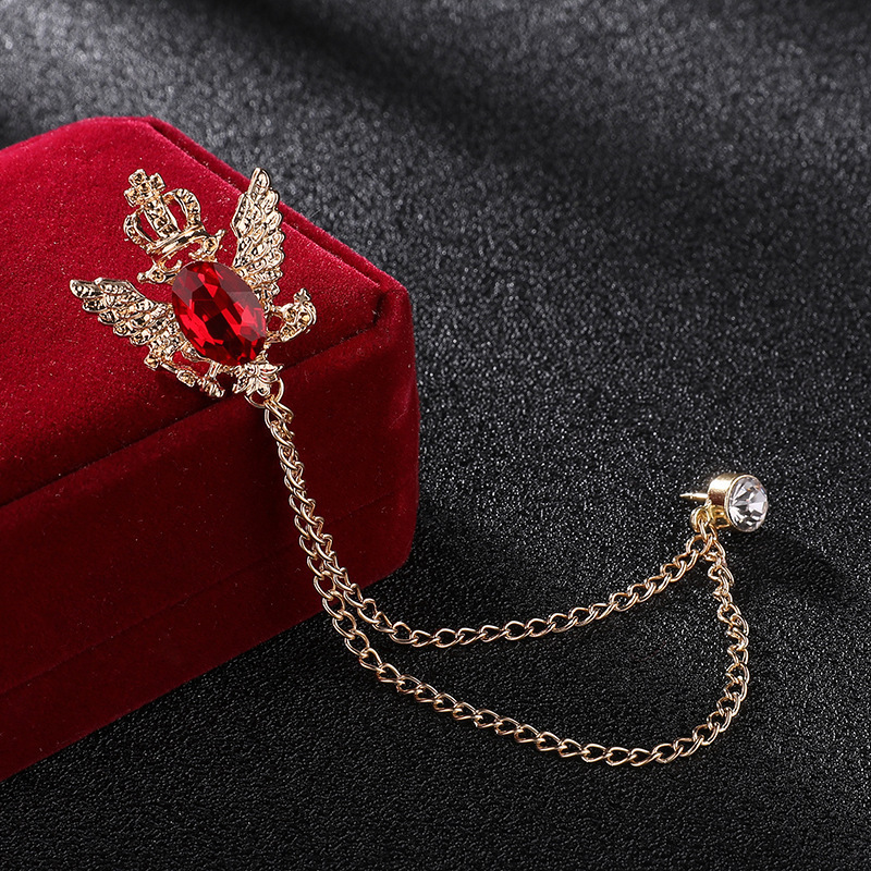 Mens Crown Brooches Retro Safety Lapel Pin With Chain Rhinestone Tassel Brooch