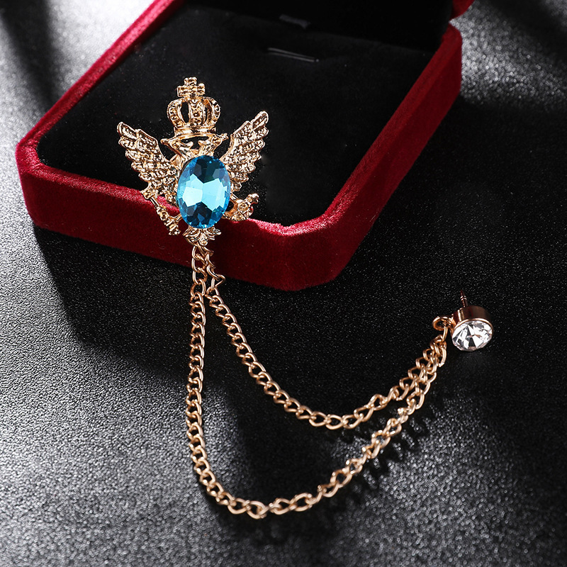 Mens Crown Brooches Retro Safety Lapel Pin With Chain Rhinestone Tassel Brooch