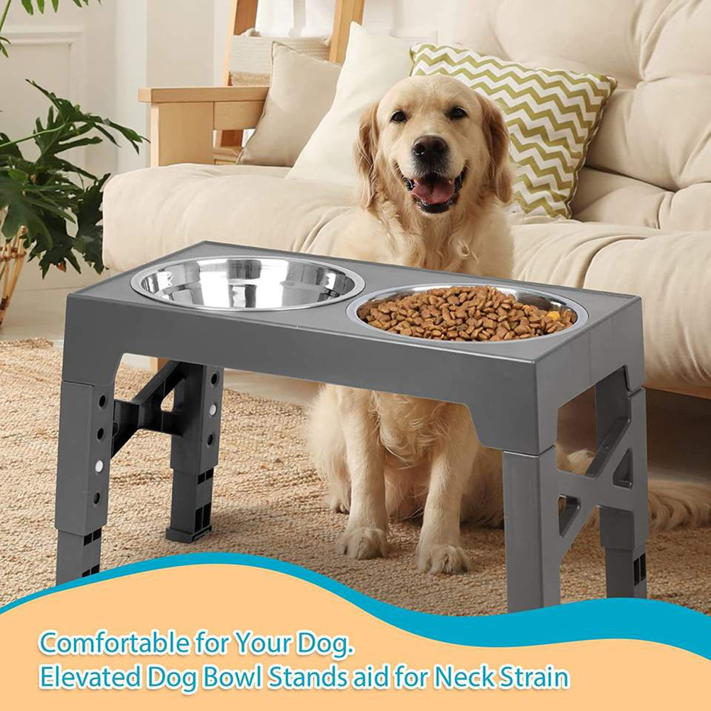 2 In 1 Elevated Dog Bowl No Spill Water Slow Food Bowl 4 Height Adjustable Pet Stainless Steel Elevated Dog Bowl