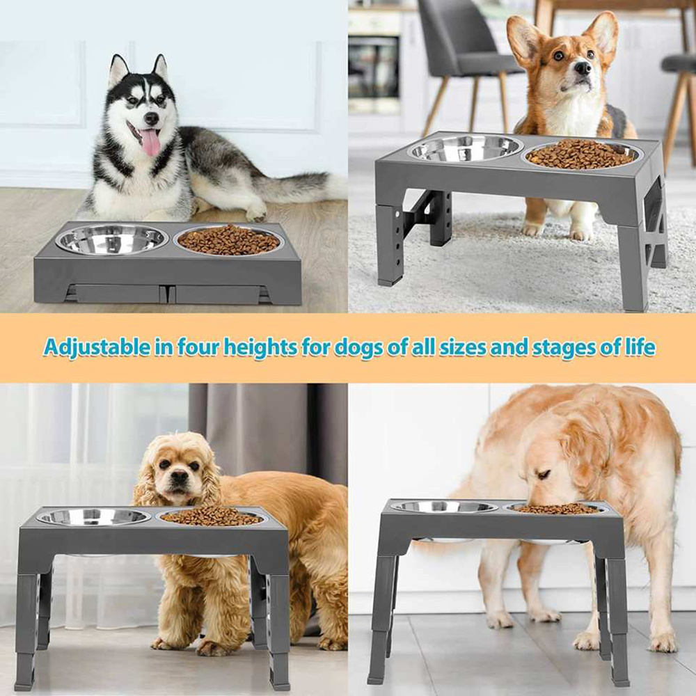 2 In 1 Elevated Dog Bowl No Spill Water Slow Food Bowl 4 Height Adjustable Pet Stainless Steel Elevated Dog Bowl