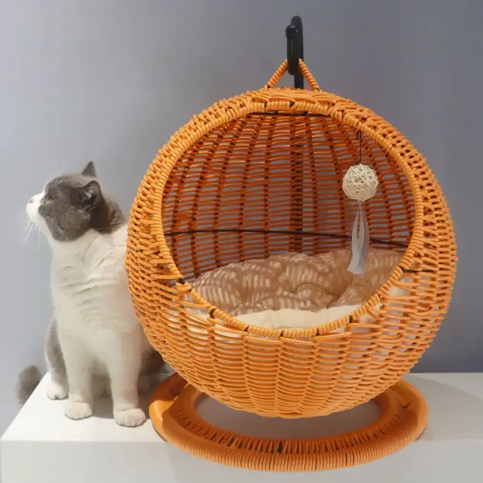 Wholesale Eco Friendly Warm Comfortable Pet accessories House Modern Cat Furniture Raised Hanging Rattan Cat Pet Beds