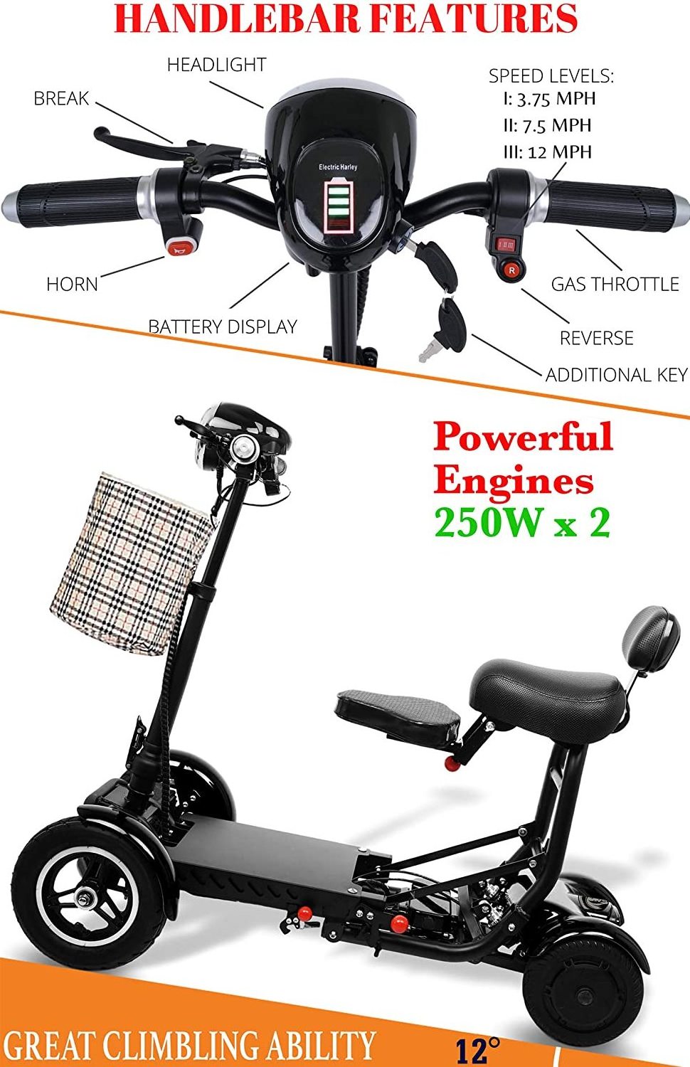 500W 36V10AH 4 Wheels Mobility Electric Scooter Car for Adults Automatic Off Road Four Wheel Electric Golf Scooter 10 Inch Wheel