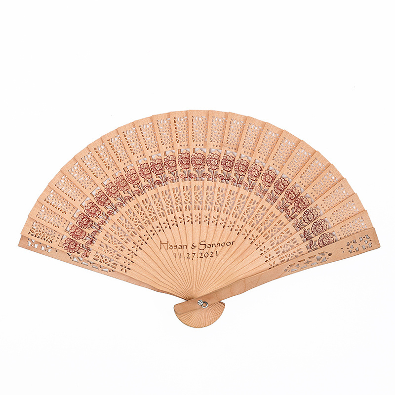 Hand Held Fan Carved Bamboo Custom Wooden Folding Hand Fans For Wedding