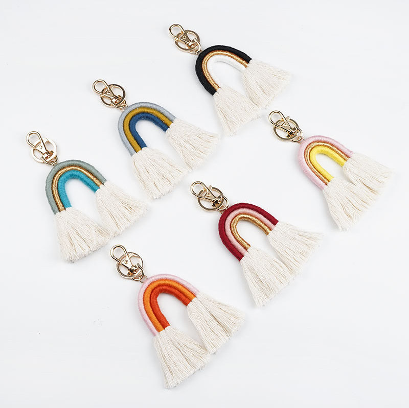 Colorful Boho Rainbow Handmade Woven Macrame Keychains for Handbags