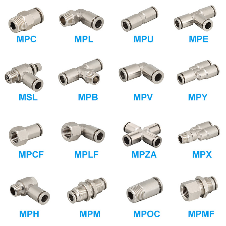 Metal Hose Fitting Connector Pneumatic Metal Pipe Fittings Nickel Plated Brass Metal Hose Push in Fitting MPC MPL MPU MPE