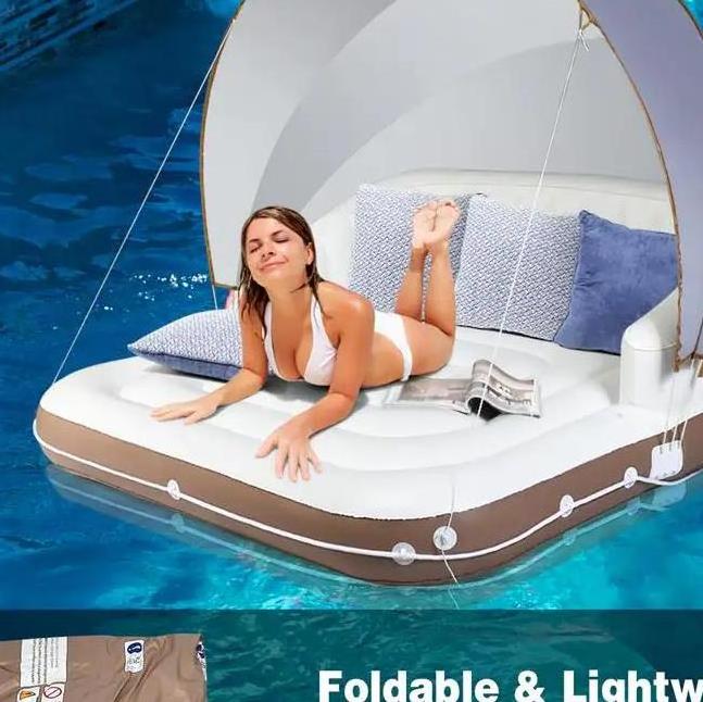 Inflatable Pool Float Lounge Raft PVC Floating Canopy Island With Retractable Canopy