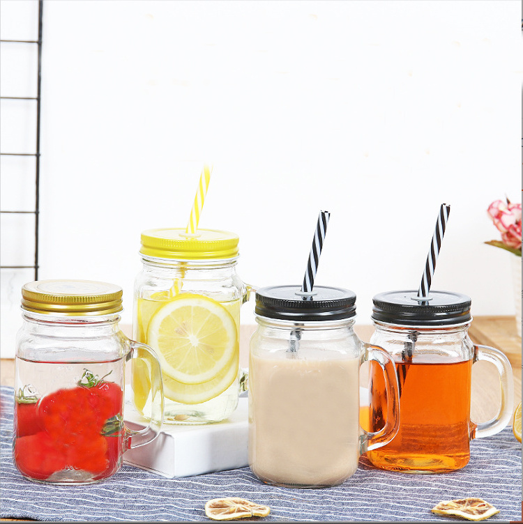 Wholesale Embossed Bubble Tea Drinking Jar 4oz 8oz 16oz 32 oz Colored Glass Mason Jar Cup Drinking Glass with Lids and Straw