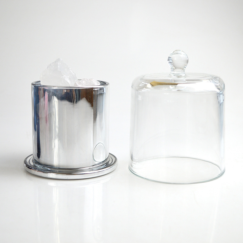 Wholesale Luxury Candle Holder 7oz 13oz 25oz Customized Clear Electroplated Glass Candle Jar Bell Cloche Dome Glass Lid