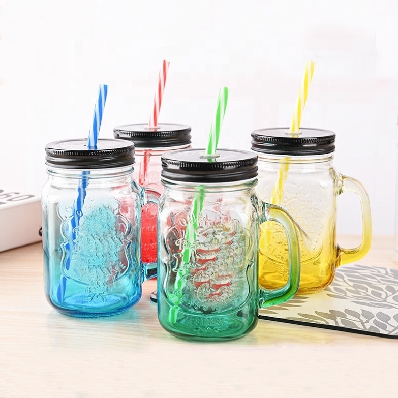 Wholesale Embossed Bubble Tea Drinking Jar 4oz 8oz 16oz 32 oz Colored Glass Mason Jar Cup Drinking Glass with Lids and Straw