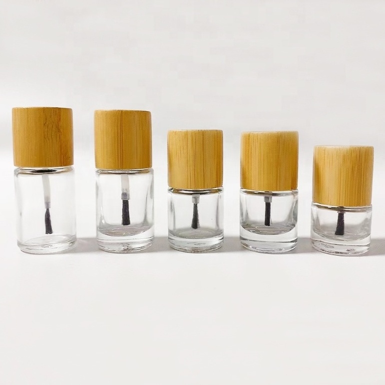 Eco Friendly Custom Logo Wooden Cap Bamboo Lid Nail Polish Glue Empty Bottle 5ml 10ml 15ml Round Nail Polish Bottle with Brush