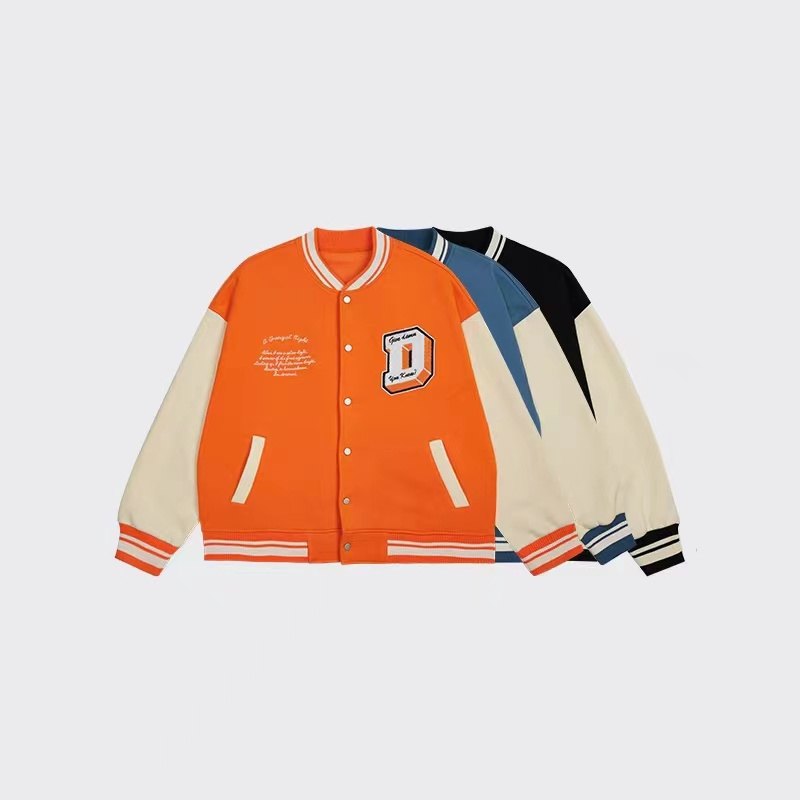 Custom logo orange baseball varsity jacket oversize loose letterman coat unisex school uniform streetwear men's jacket