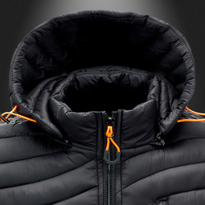 Black Puffer Vest with Hood Shiny Quilted Padded OEM Custom Position Zippered Pockets Orange Accents Men's Winter Clothing